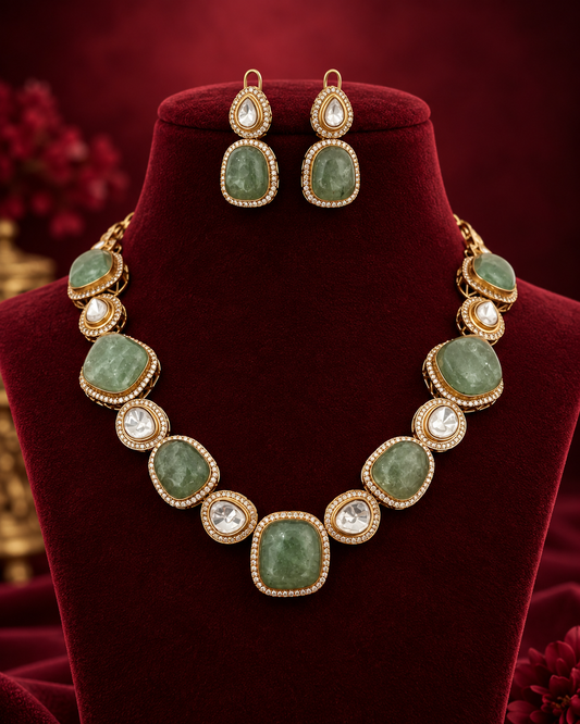 Mint natural stone Polki necklace set