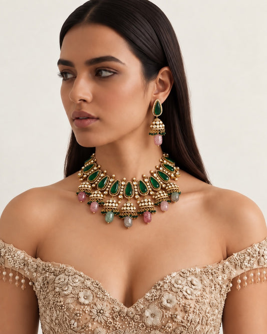 Emerald Jhumka Moissanite Necklace Set