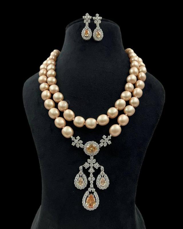 Pearl and Diamond Necklace and Earrings Set