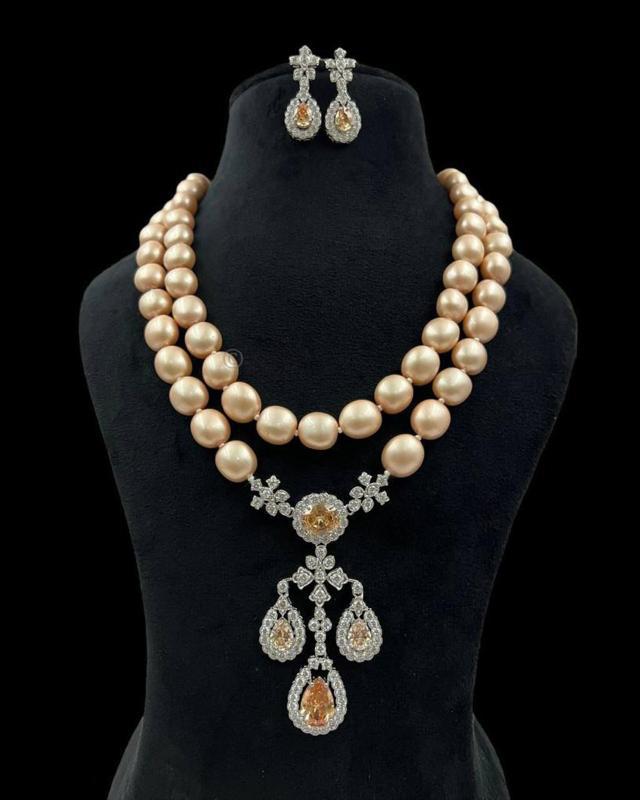 Pearl and Diamond Necklace and Earrings Set