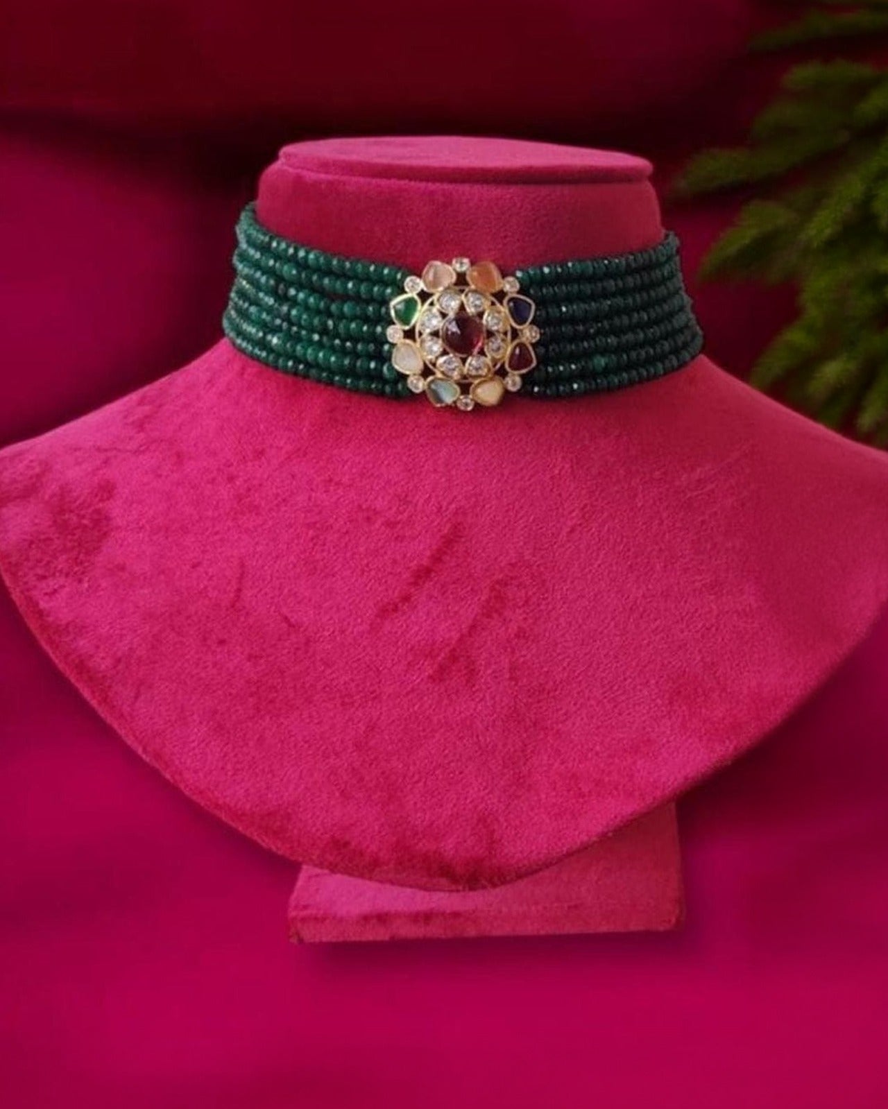 Green Beads with Multicolor Choker Set