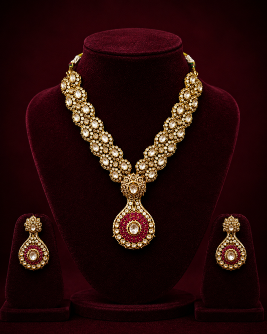 Pink Golden Polki Necklace Set
