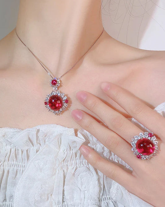 Oval Flower Red Gemstone Silver  Pendant Chain Ring Set