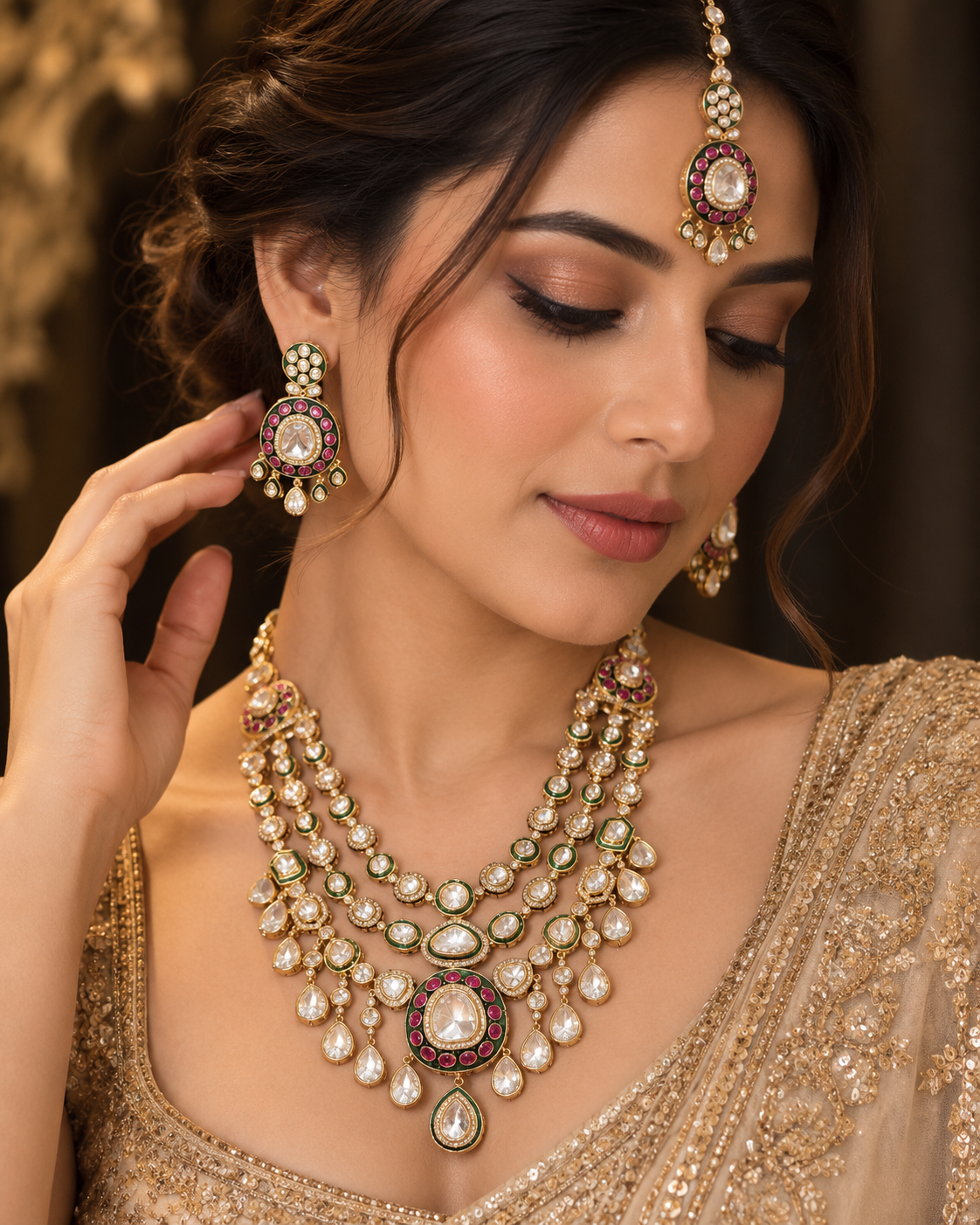Moissanite Polki Stone Layered Bridal Necklace Set