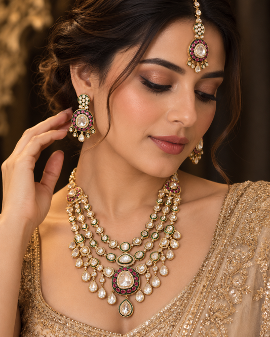 Moissanite Polki Stone Layered Bridal Necklace Set