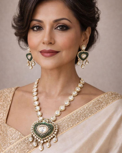 Elegant Kundan Polki pendant long necklace featuring intricately handcrafted uncut Polki stones, detailed kundan work, and a luxurious traditional design. Perfect for weddings, festive occasions, and ethnic outfits, this statement necklace adds timeless royal charm to any look.