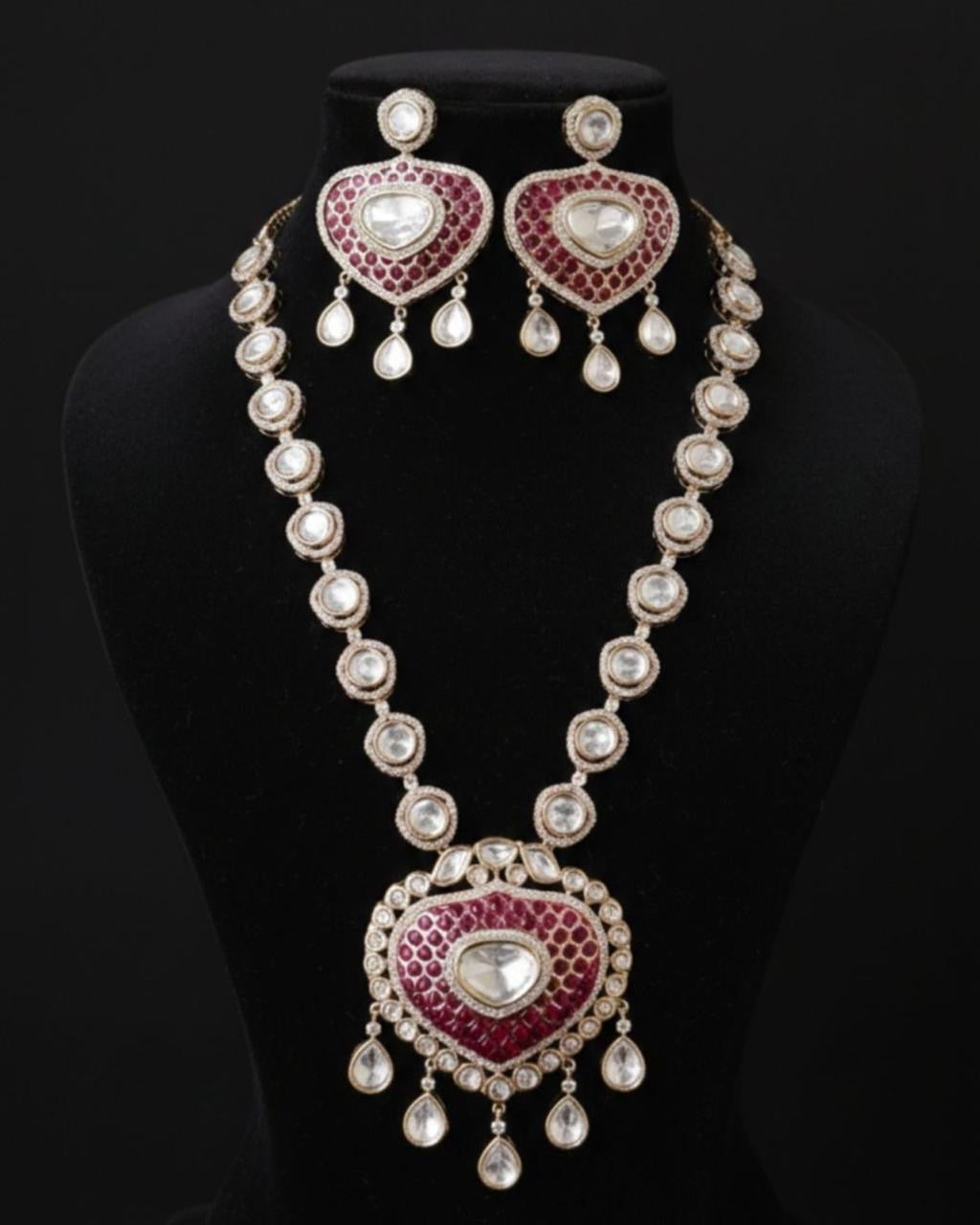 Elegant Kundan Polki pendant long necklace featuring intricately handcrafted uncut Polki stones, detailed kundan work, and a luxurious traditional design. Perfect for weddings, festive occasions, and ethnic outfits, this statement necklace adds timeless royal charm to any look.