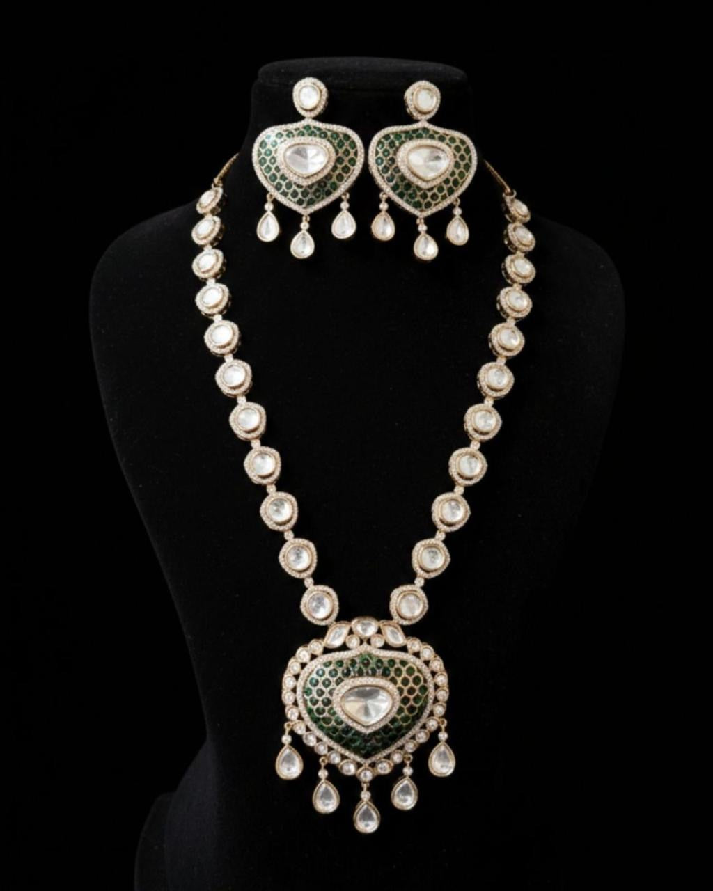 Elegant Kundan Polki pendant long necklace featuring intricately handcrafted uncut Polki stones, detailed kundan work, and a luxurious traditional design. Perfect for weddings, festive occasions, and ethnic outfits, this statement necklace adds timeless royal charm to any look.