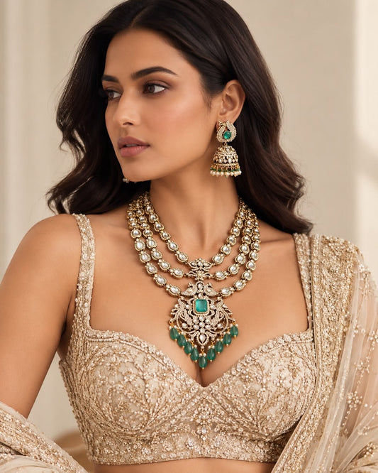Elegant multi-layered Kundan-style necklace featuring intricate gold detailing, oval-cut white stones, a central green gemstone pendant, and cascading green teardrop beads, styled on a model in a luxurious bridal look.