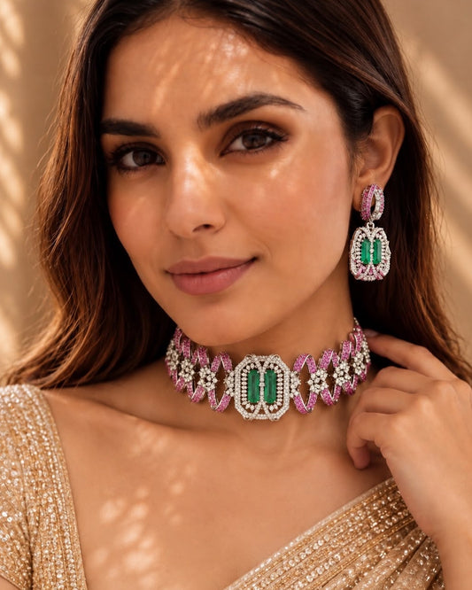 Luxurious Emerald Pink Choker Set combines emerald and pink elements, offering a refined accessory suitable for formal occasions. Its design emphasizes both color contrast and elegance, enhancing attire with a sophisticated visual appeal
