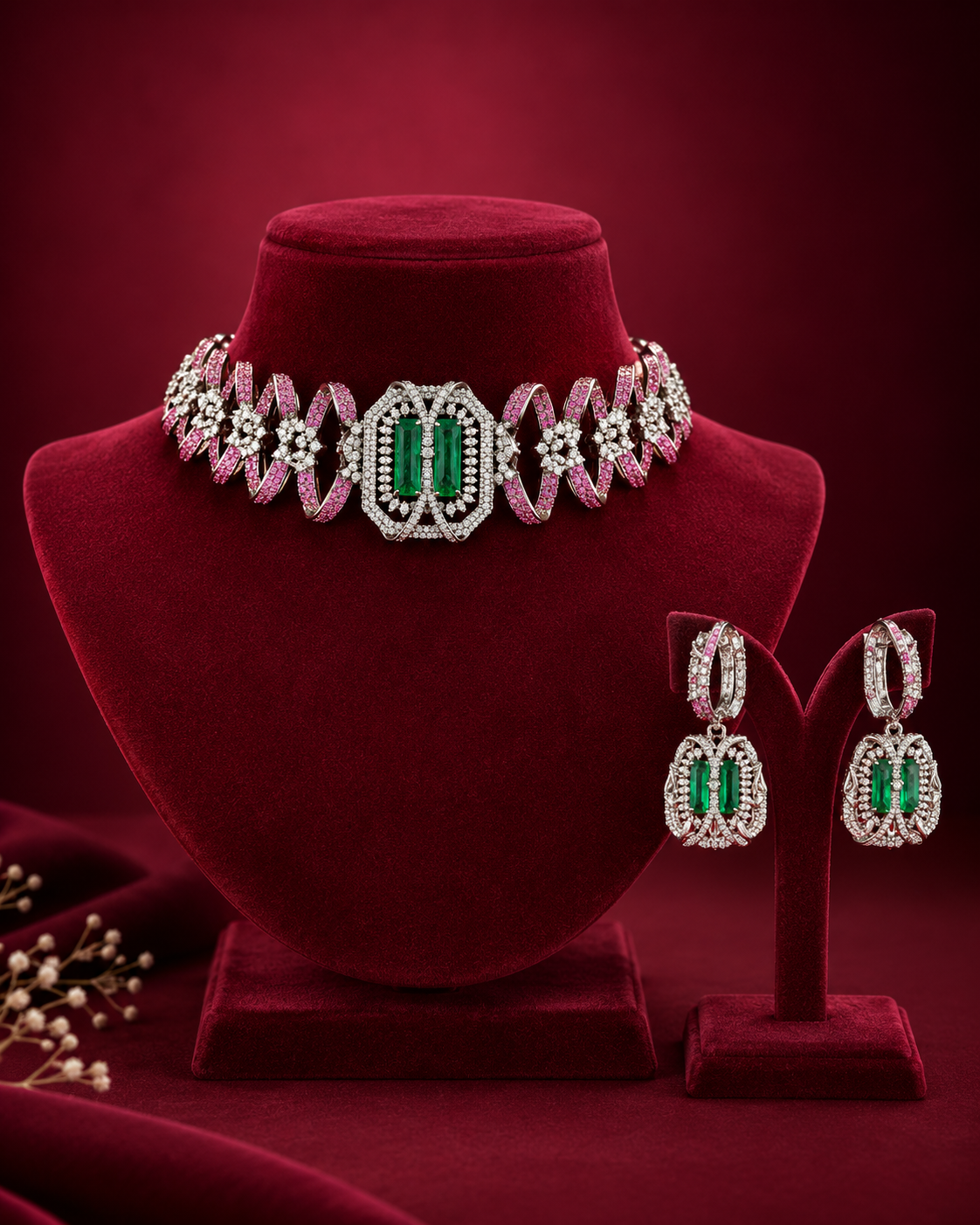 he Luxurious Emerald Pink Choker Set combines emerald and pink elements, offering a refined accessory suitable for formal occasions. Its design emphasizes both color contrast and elegance, enhancing attire with a sophisticated visual appeal