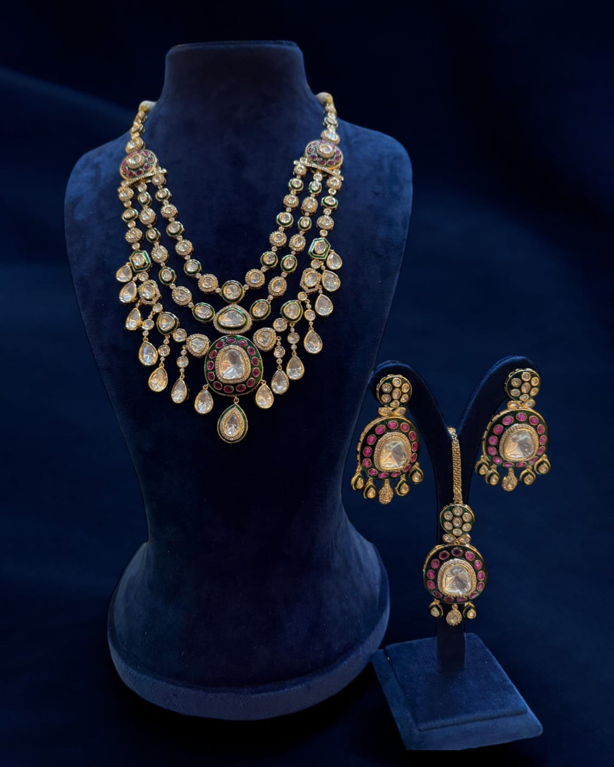 Classy and royal long bridal polki necklace set with tika and earrings