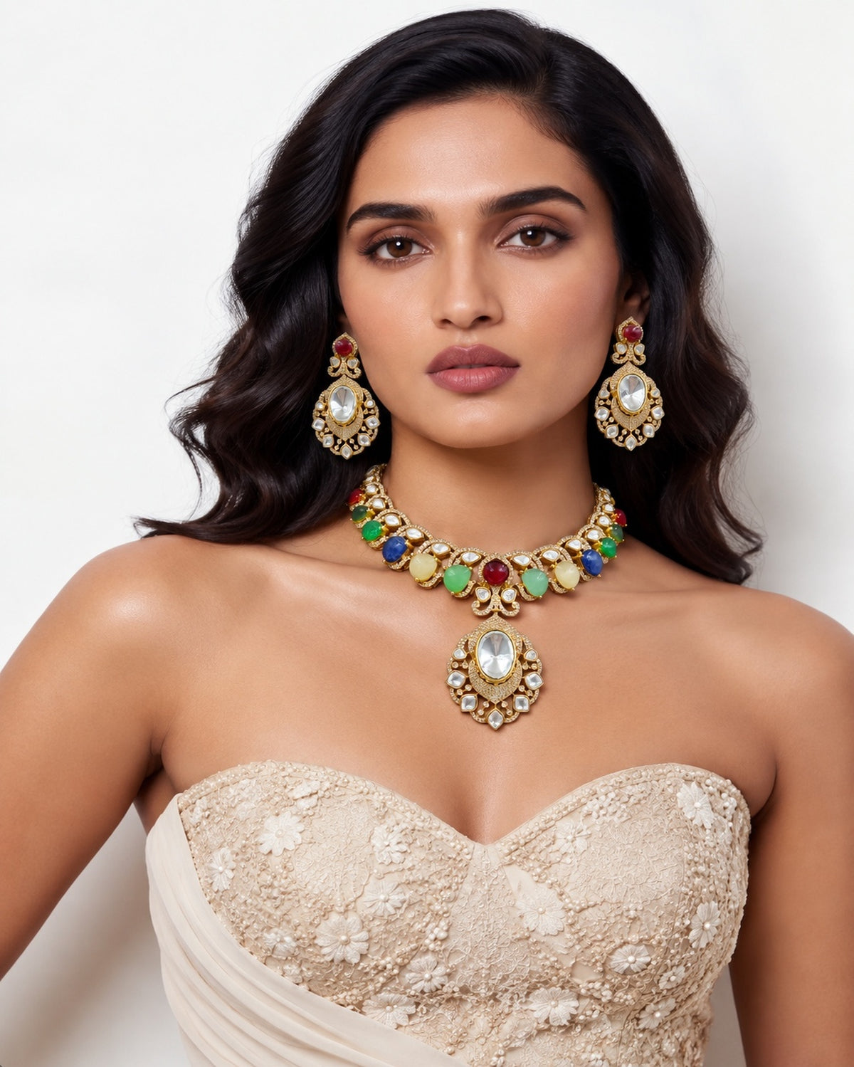 Luxury multicolor gemstone necklace and matching earrings displayed on rich burgundy velvet, featuring intricate gold detailing, clear crystal accents, and vibrant red, green, blue, yellow, and white gemstones