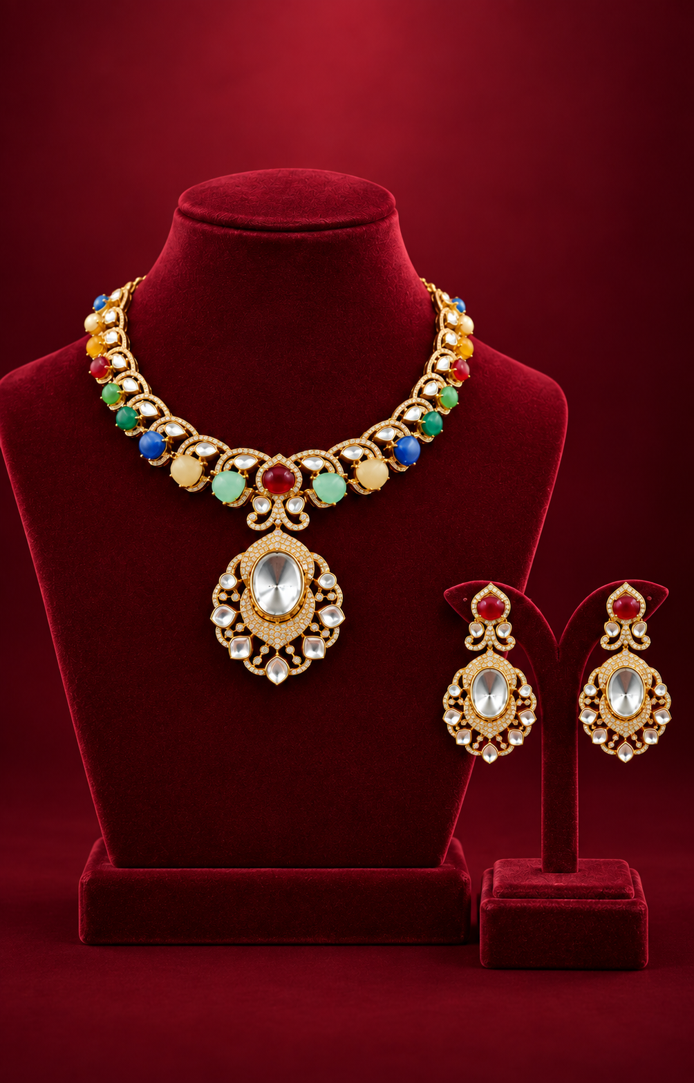 Luxury multicolor gemstone necklace and matching earrings displayed on rich burgundy velvet, featuring intricate gold detailing, clear crystal accents, and vibrant red, green, blue, yellow, and white gemstones