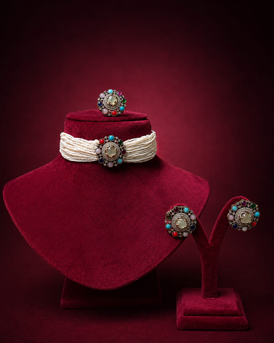Multicolor choker necklace set with matching earrings and ring, featuring vibrant gemstones and intricate detailing.