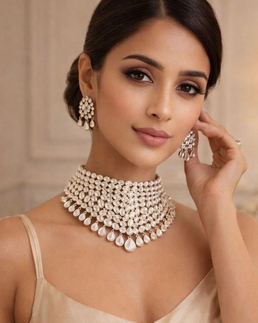 Noor Polki Beauty Necklace featuring sparkling Polki-style stones in an elegant, handcrafted design. This statement necklace blends traditional charm with timeless sophistication, making it ideal for weddings, festive occasions, bridal wear, and ethnic celebrations.
