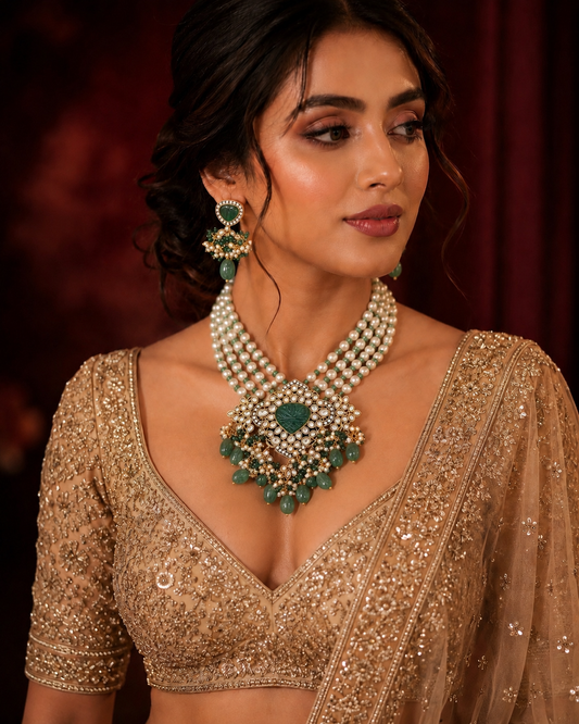 Elegant green gemstone and pearl drop earrings with gold detailing For festive ,wedding 