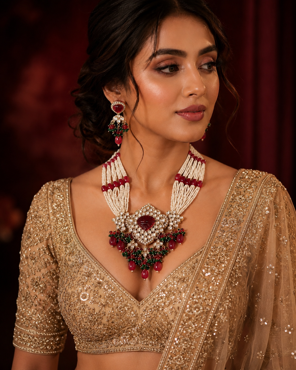 Elegant ruby red and green beaded bridal necklace set with pearl strands and matching statement earrings displayed on a maroon velvet jewellery bust.