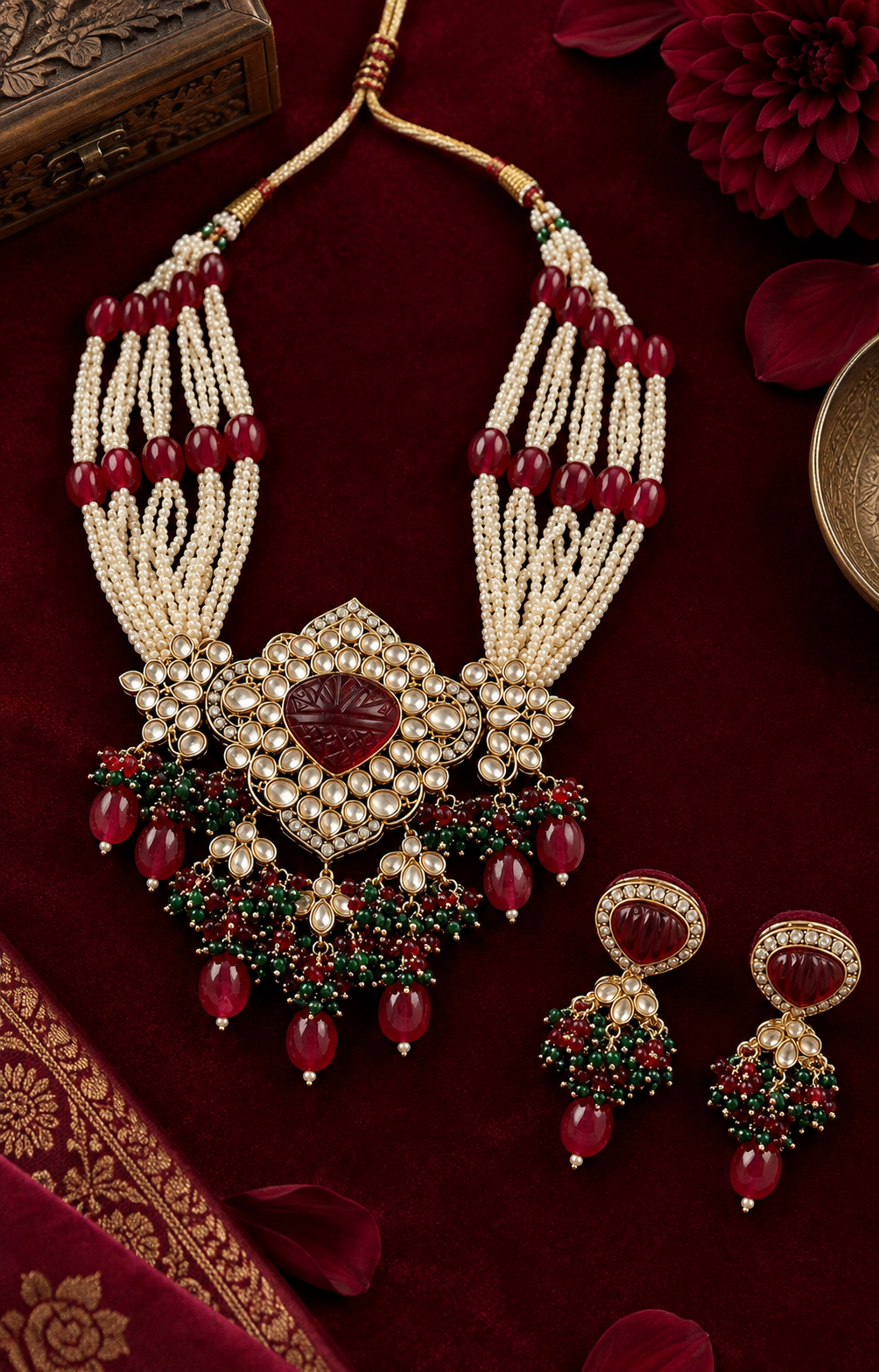 Elegant ruby red and green beaded bridal necklace set with pearl strands and matching statement earrings displayed on a maroon velvet jewellery bust.