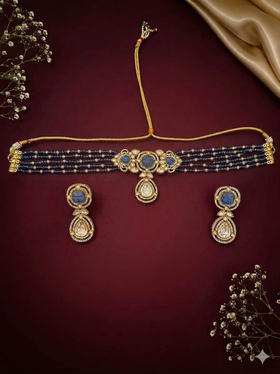Royal Blue Kundan Victorian Choker Necklace For Elegant Occasions Luxury Jewelry