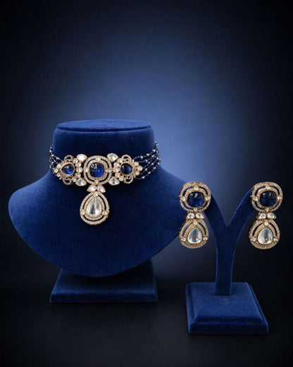 Royal Blue Kundan Victorian Choker Necklace For Elegant Occasions Luxury Jewelry