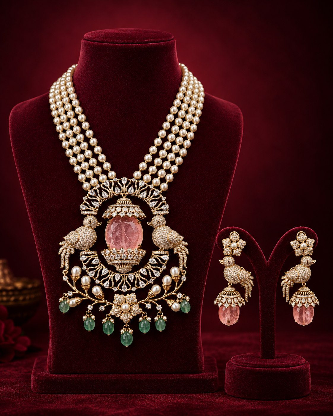 The Royal Pearl Bird Pendant Set features carefully crafted bird-shaped pendants adorned with cultured pearls, offering a durable and elegant accessory. Its design balances aesthetic appeal with lightweight wearability, suitable for daily use or special occasions.