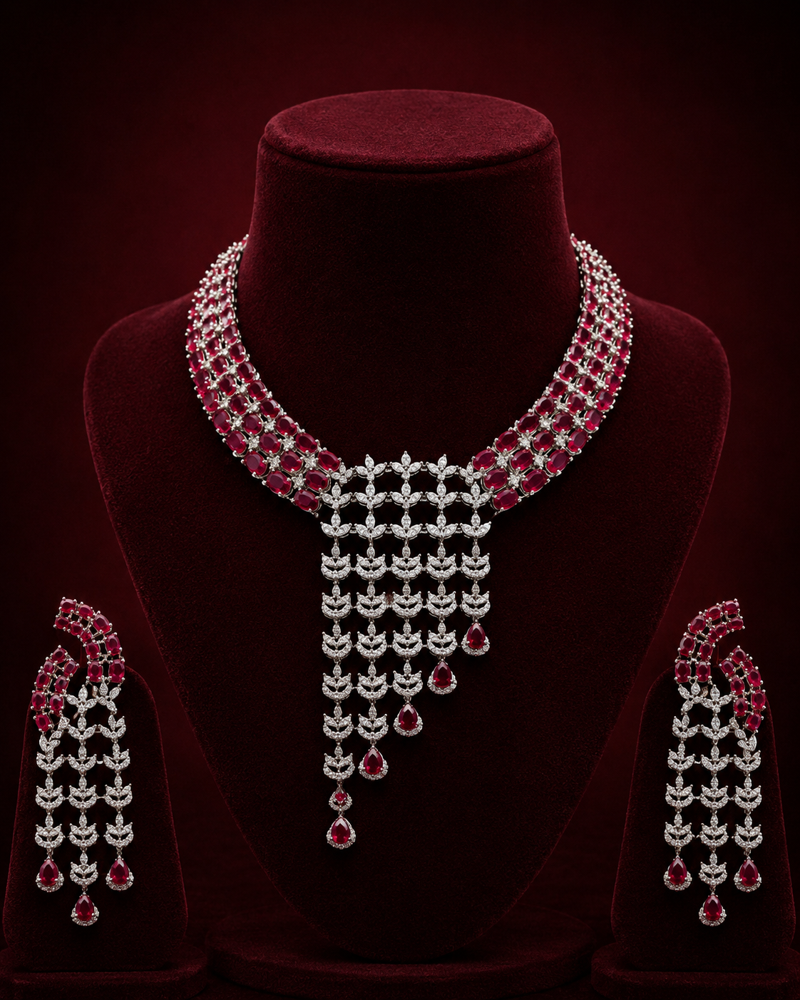 The Ruby Drapes Diamond Necklace Set combines natural rubies with precisely cut diamonds, offering durable craftsmanship and balanced weight. This set provides both aesthetic elegance and structural integrity, suitable for formal occasions requiring refined gemstone jewelry.