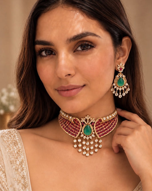 Elegant gold-toned bridal necklace set featuring a deep green teardrop gemstone, ruby accents, intricate latticework, and cascading crystal drops, paired with matching statement earrings on a maroon velvet display.