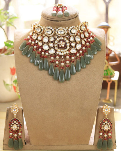 Royal bridal Polki choker with green beads for marwari wedding