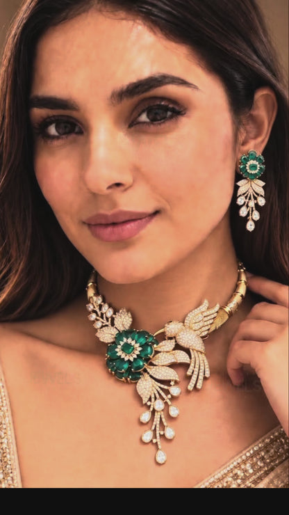 Emerald Floral Bird Statement Necklace Set