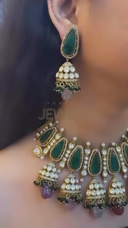 Emerald Jhumka Moissanite Necklace Set