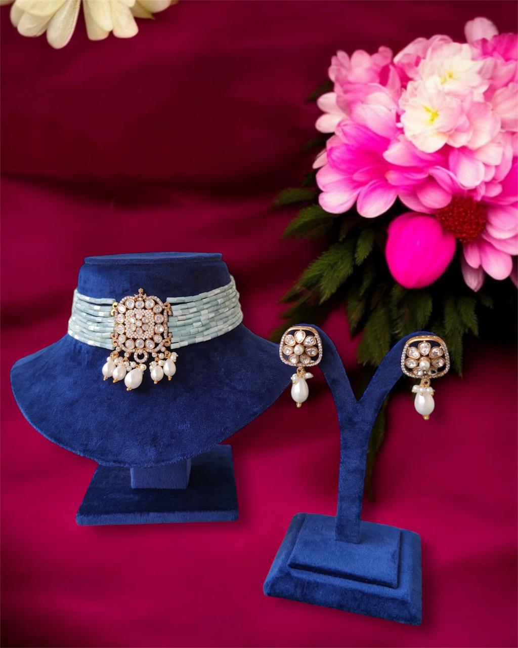 Mint Pearl Kundan Necklace