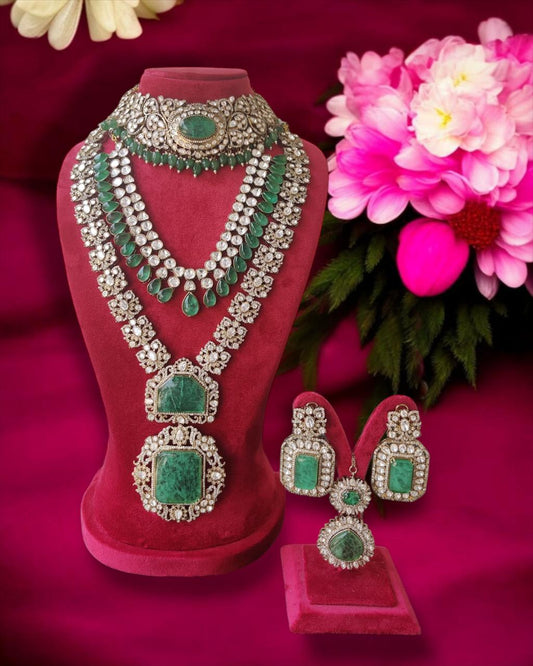 Moissanite Long Polki Bridal Necklace Set