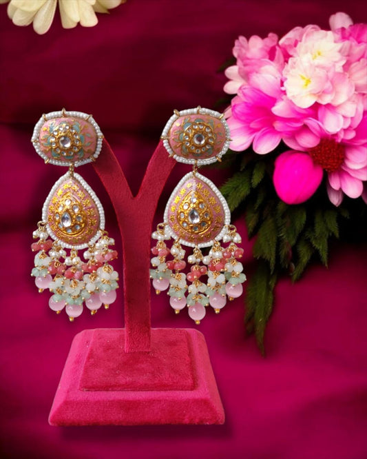 Pink Beads Kundan Earrings