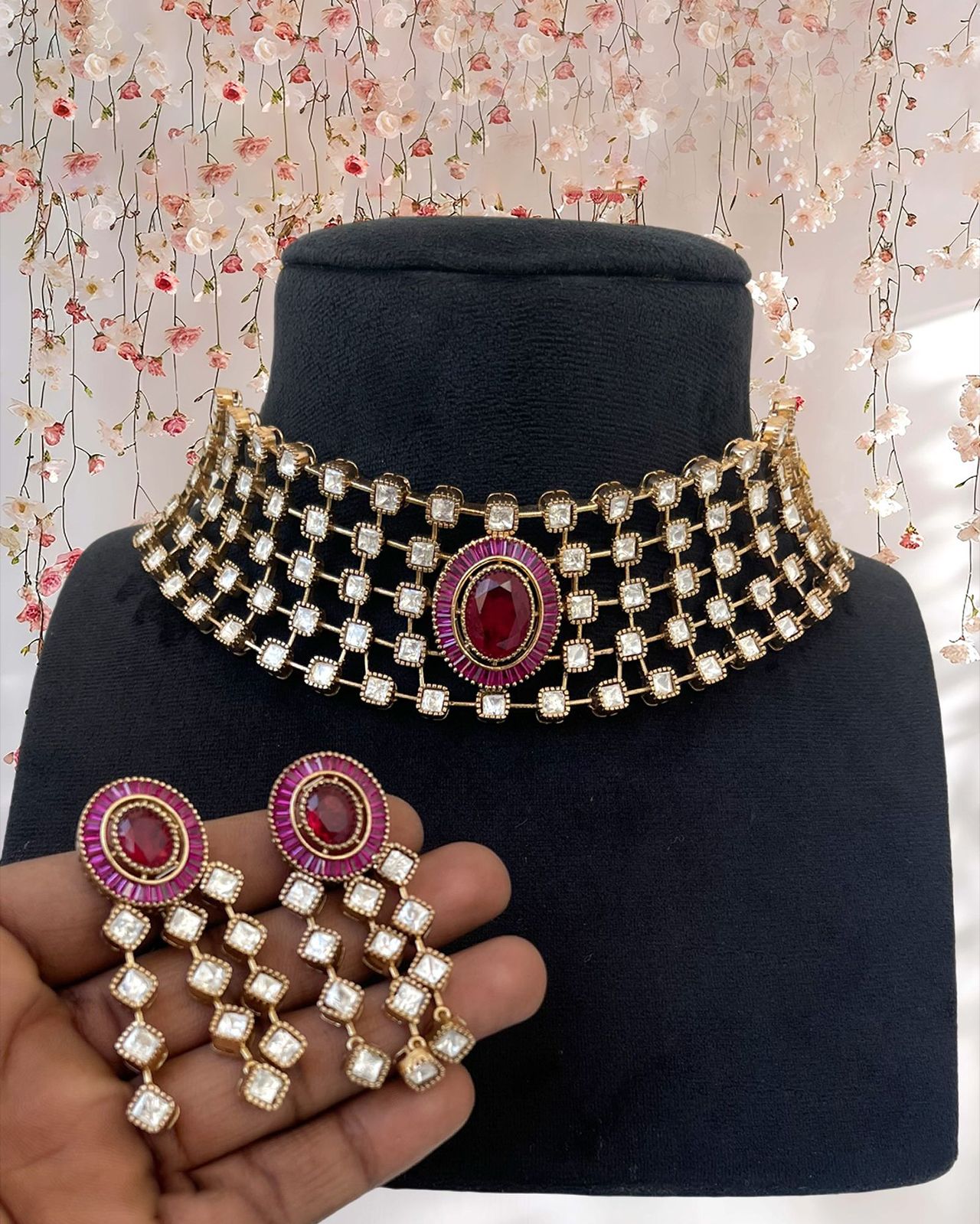 Moissanite with Doublet Stone Choker Necklace Set