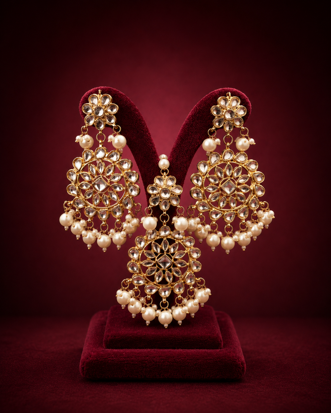 Chandrika Pearl Drop Earrings and Maang Tika Set