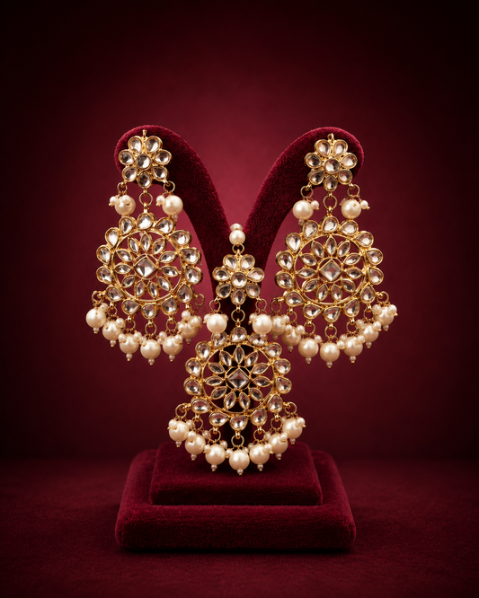 Chandrika Pearl Drop Earrings and Maang Tika Set