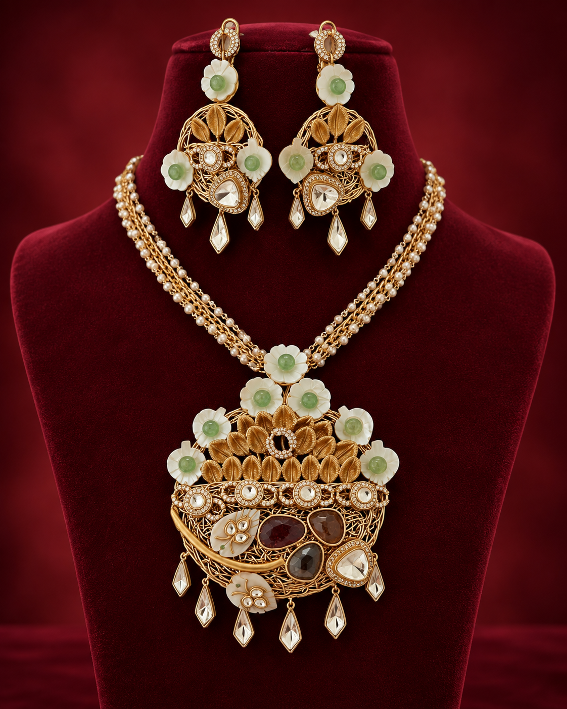 Long Kundan Golden Floral Necklace Set