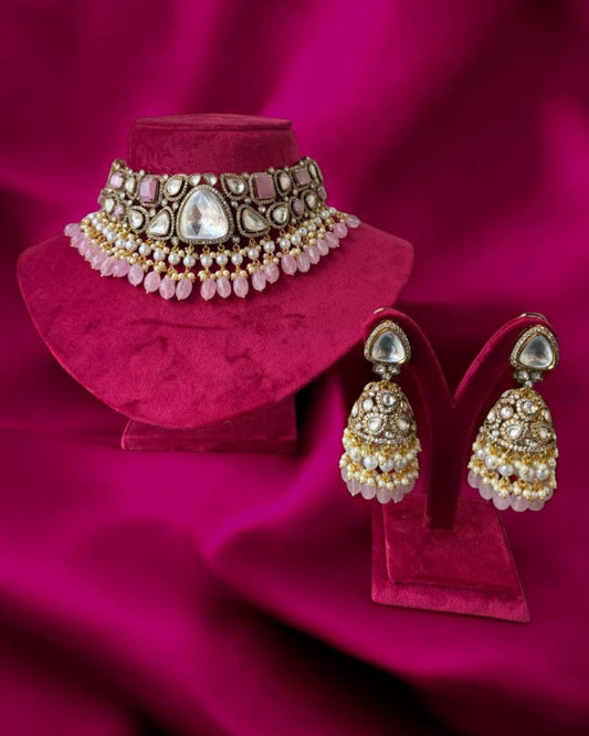 Pink Moissanite Kundan Necklace Set