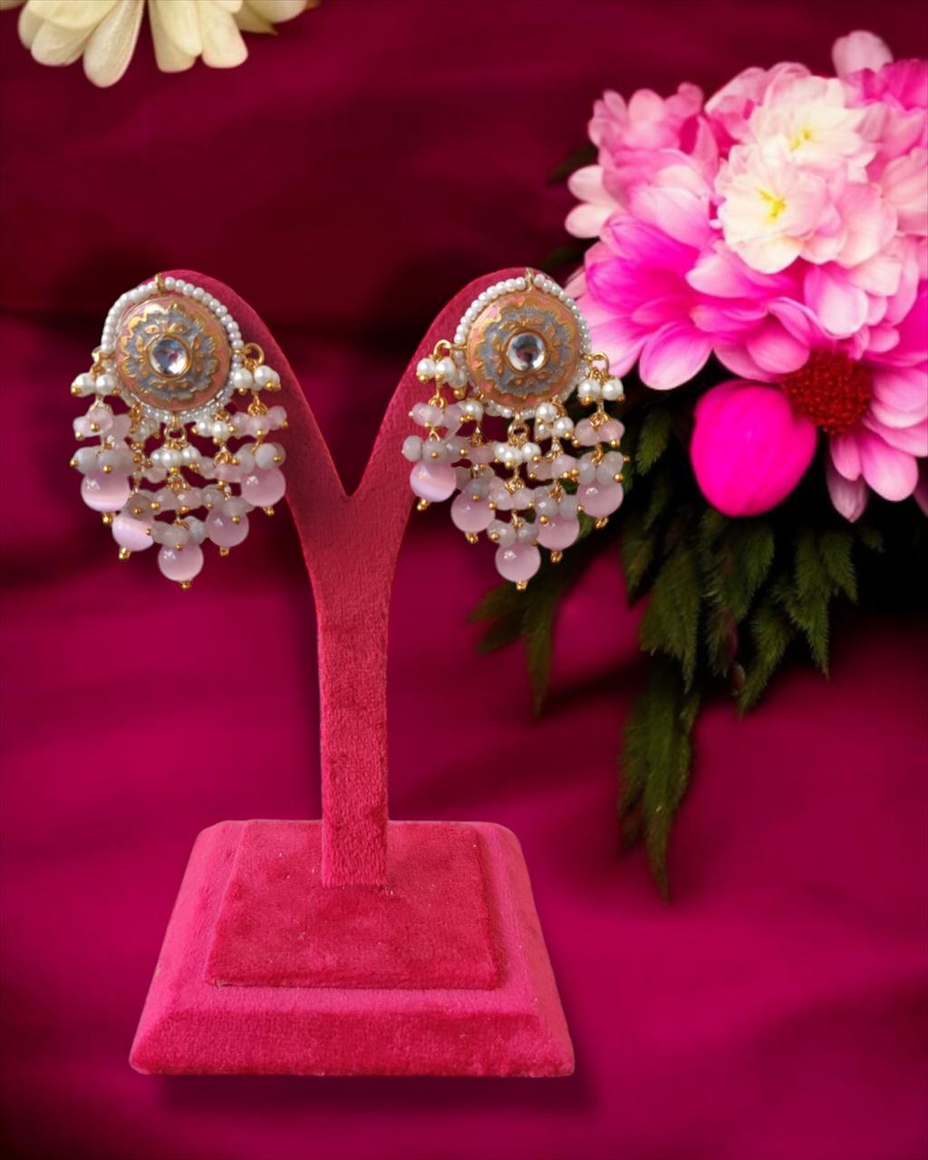 Pink Beads Kundan Earrings
