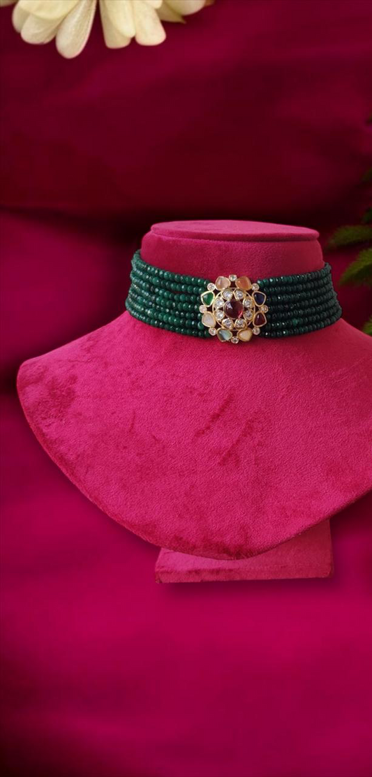 Green Beads with Multicolor Choker Set