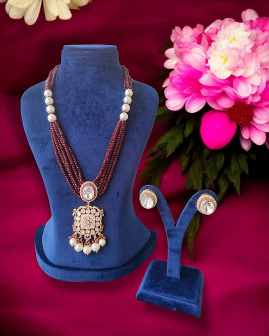 Maroon  Beads Kundan Necklace